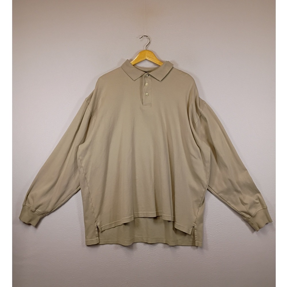 Old Money Tom James Mens Large Khaki Long Sleeve Oversized Cotton Polo Shirt